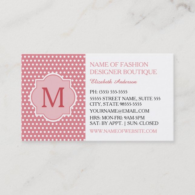Cute Pink Polka Dots With Girly Monogram Boutique Business Card (Front)