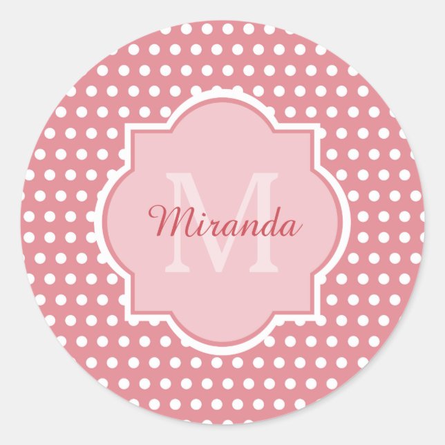 Cute Pink Polka Dots With Monogram and Name Classic Round Sticker (Front)