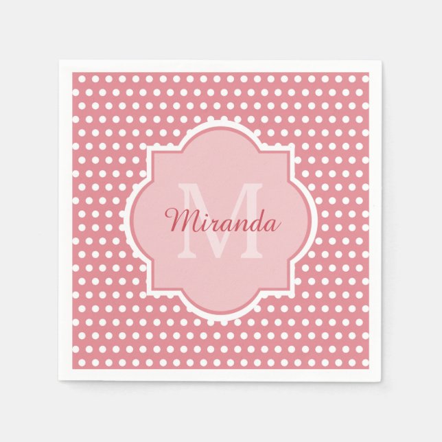 Cute Pink Polka Dots With Monogram and Name Napkin (Front)