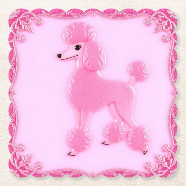 Cute Pink Poodle Paper Coaster (Front)