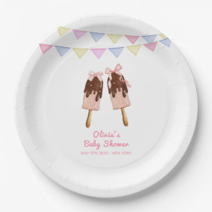 Cute Pink Popcicle Bow Ice Cream Baby Shower Paper Plate