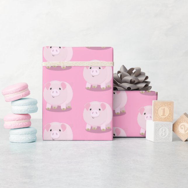 Cute pink pot bellied pig cartoon birthday wrapping paper (Baby Shower)