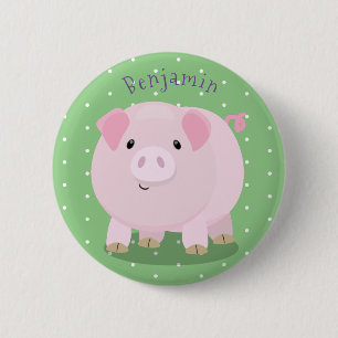 Cute pink pot bellied pig cartoon illustration 6 cm round badge