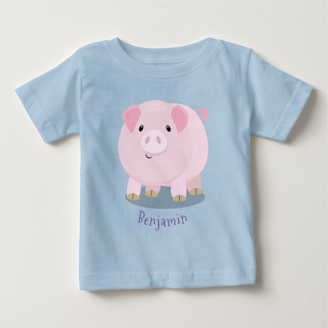 Cute pink pot bellied pig cartoon illustration baby T-Shirt (Front)