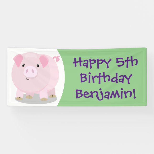 Cute pink pot bellied pig cartoon illustration banner (Horizontal)