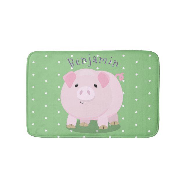 Cute pink pot bellied pig cartoon illustration bath mat (Front)