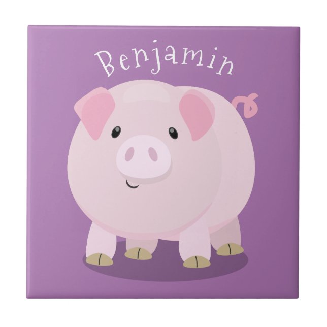 Cute pink pot bellied pig cartoon illustration ceramic tile (Front)
