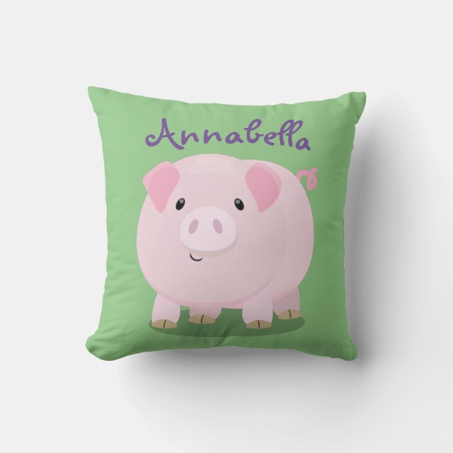 Cute pink pot bellied pig cartoon illustration cushion (Front)