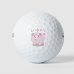 Cute pink pot bellied pig cartoon illustration golf balls
