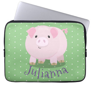 Cute pink pot bellied pig cartoon illustration laptop sleeve
