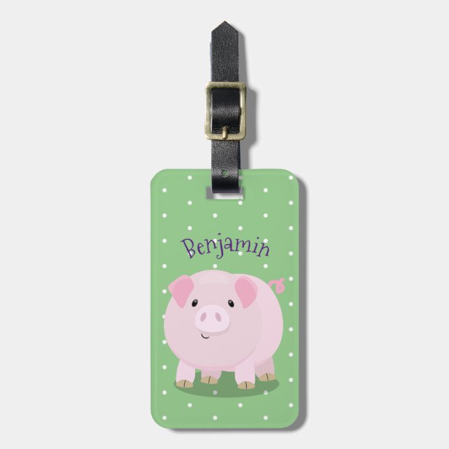 Cute pink pot bellied pig cartoon illustration luggage tag (Front Vertical)