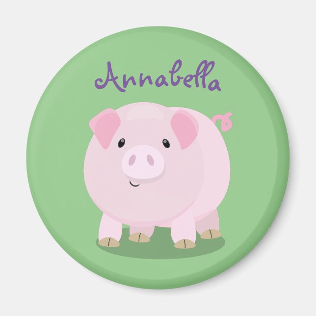 Cute pink pot bellied pig cartoon illustration magnet (Front)