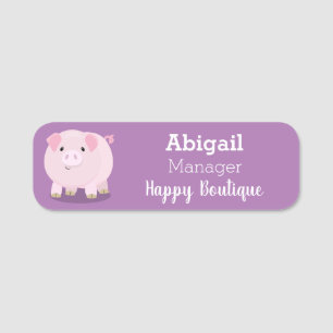 Cute pink pot bellied pig cartoon illustration name tag