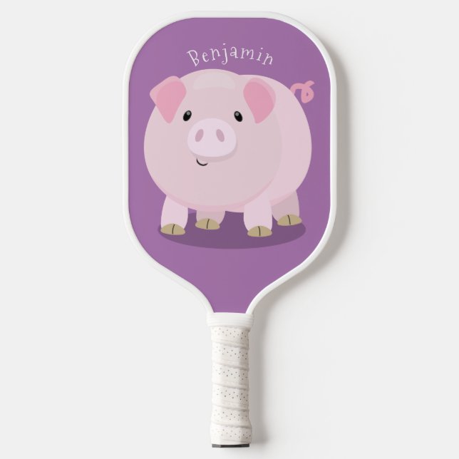 Cute pink pot bellied pig cartoon illustration  pickleball paddle (Front)