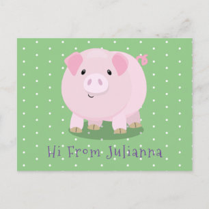 Cute pink pot bellied pig cartoon illustration postcard