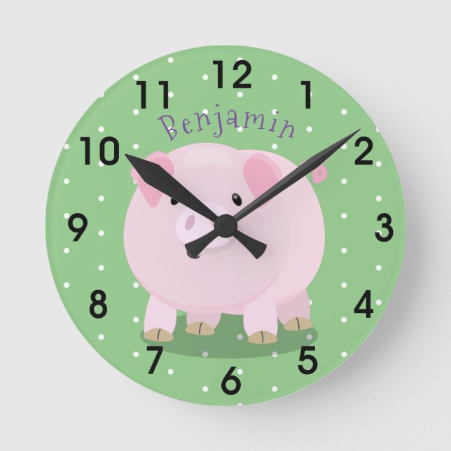 Cute pink pot bellied pig cartoon illustration round clock (Front)