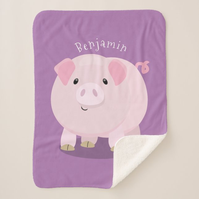 Cute pink pot bellied pig cartoon illustration sherpa blanket (Front)
