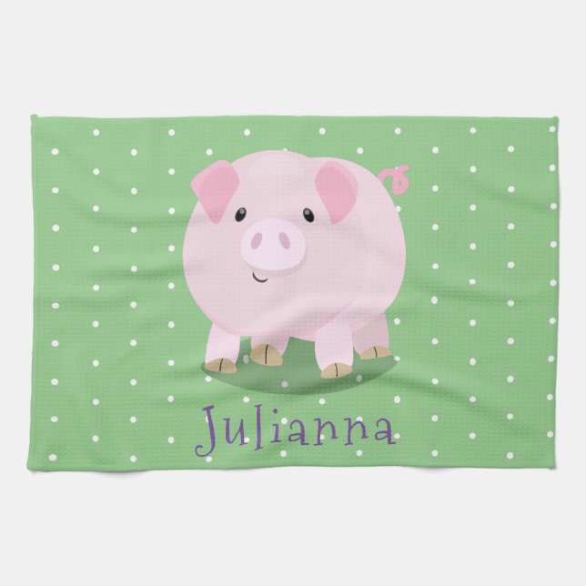 Cute pink pot bellied pig cartoon illustration tea towel (Horizontal)