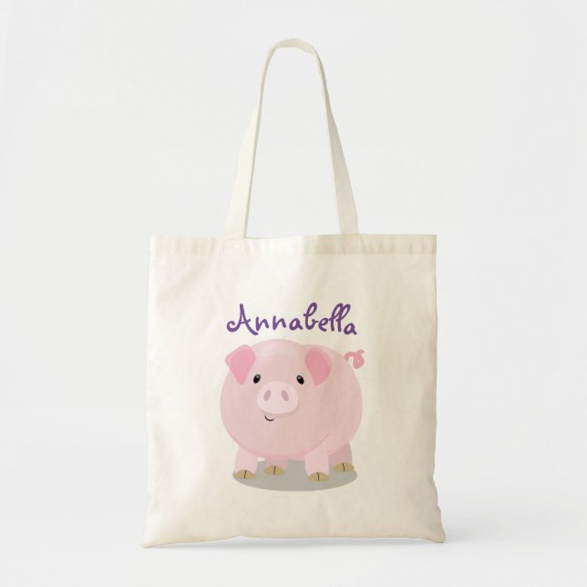 Cute pink pot bellied pig cartoon illustration tote bag (Front)