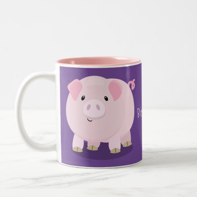 Cute pink pot bellied pig cartoon illustration Two-Tone coffee mug (Left)