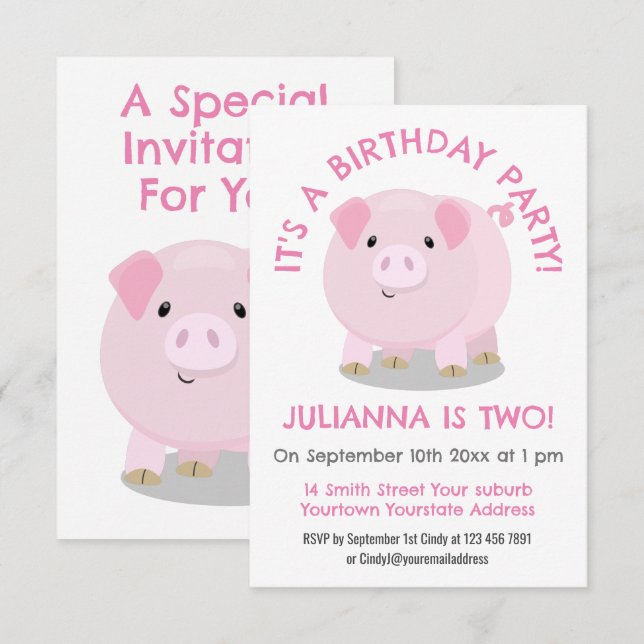 Cute pink pot bellied pig personalised birthday invitation (Front/Back)