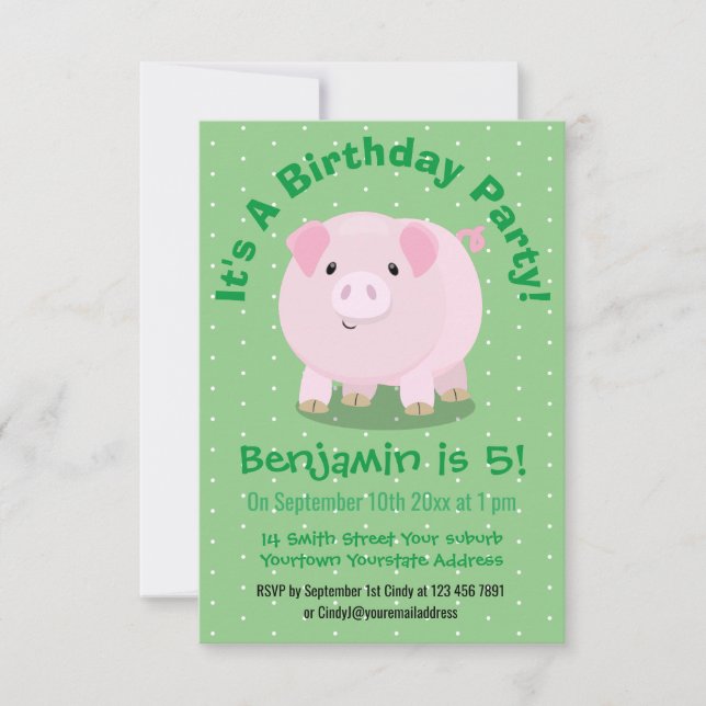 Cute pink pot bellied pig personalised birthday invitation (Front)
