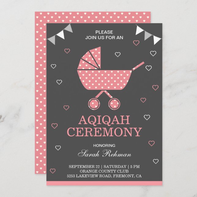 Cute Pink Pram Baby Girl Aqiqah Invitation (Front/Back)