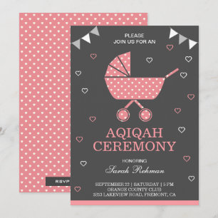 Cute Pink Pram Baby Girl Aqiqah Invitation