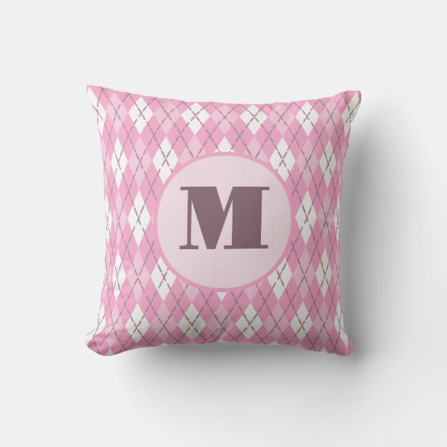 Cute pink preppy argyle custom monogram cushion (Front)