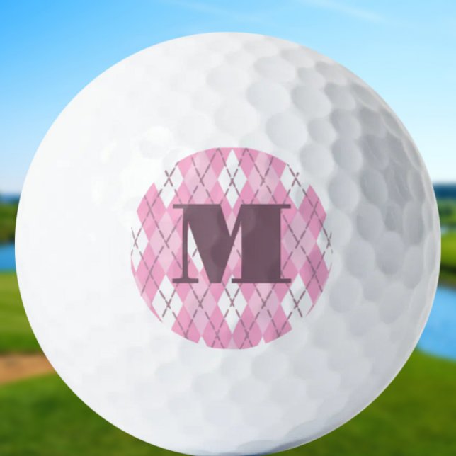 Cute pink preppy argyle ladies custom monogram golf balls (Creator Uploaded)