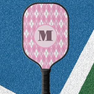 Cute pink preppy argyle ladies custom monogram pickleball paddle