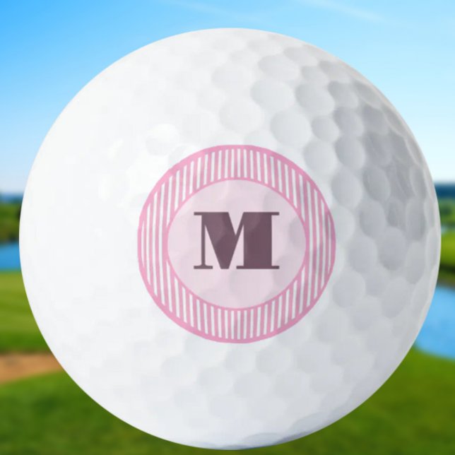 Cute pink preppy stripe monogram personalised golf balls (Creator Uploaded)