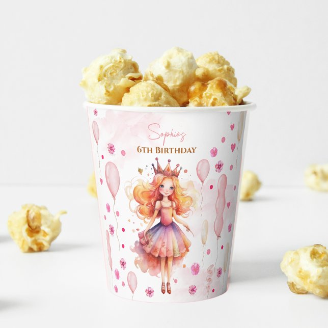 Cute pink princess and balloons birthday paper cups (Creator Uploaded)
