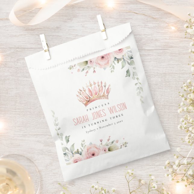 Cute Pink Princess Crown Tiara Floral Birthday Favour Bag (Clipped)