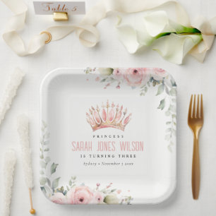 Cute Pink Princess Crown Tiara Floral Birthday Paper Plate