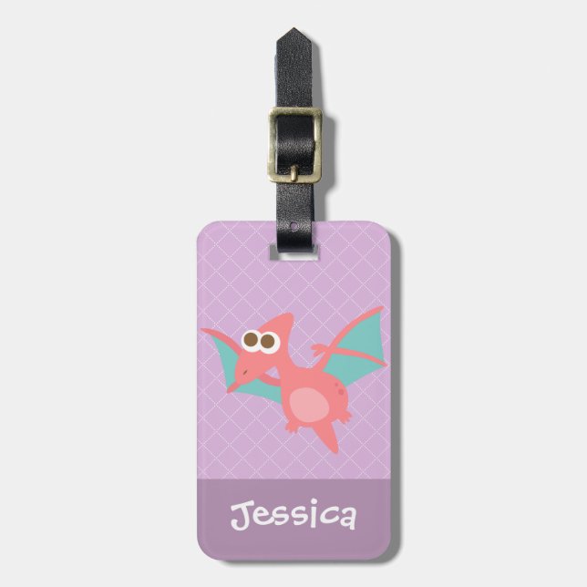 Cute Pink Pterodactyl dinosaur Girls Purple Luggage Tag (Front Vertical)