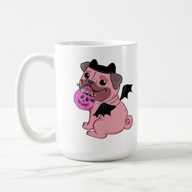 Cute Pink Pug in a Halloween Costume Holding  Coffee Mug (Left)