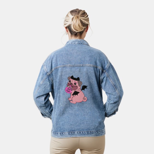 Cute Pink Pug in a Halloween Costume Holding  Denim Jacket (Model)