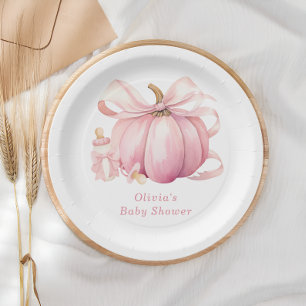 Cute Pink Pumpkin Bow Baby Shower Paper Plate