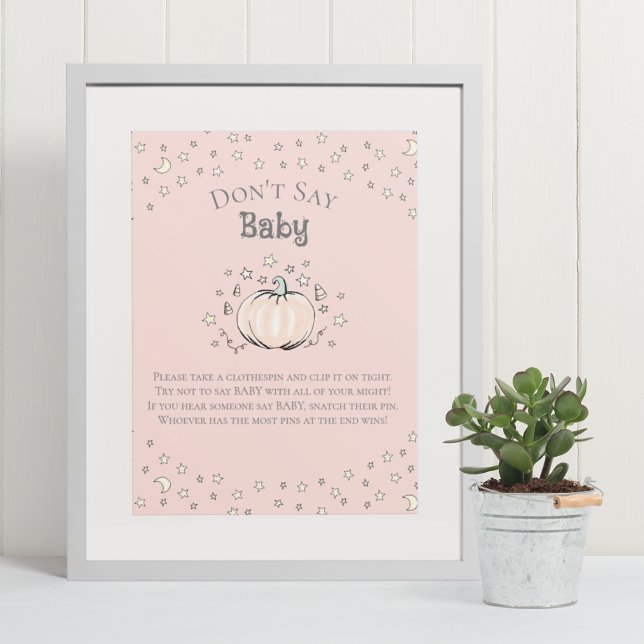 Cute Pink Pumpkin Don't Say Baby Baby Shower Game Poster (Cute & Whimsical Fall Baby Shower Game Poster. Frame Not Included. Hand-Drawn Pumpkin in Black Ink.)