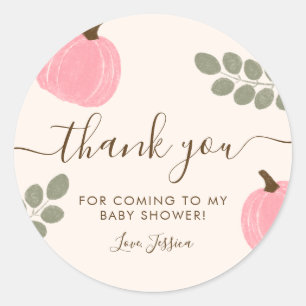 Cute Pink Pumpkin Eucalyptus Baby Shower Thank You Classic Round Sticker