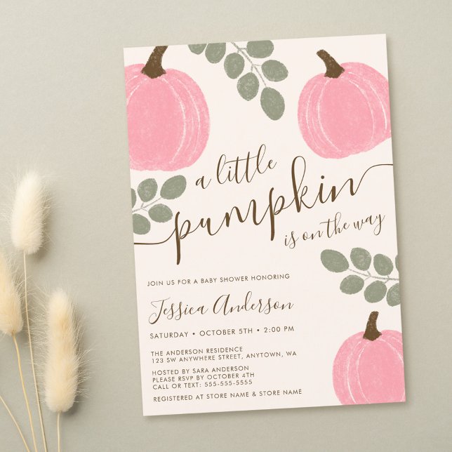 Cute Pink Pumpkin Eucalyptus Fall Girl Baby Shower Invitation (Creator Uploaded)