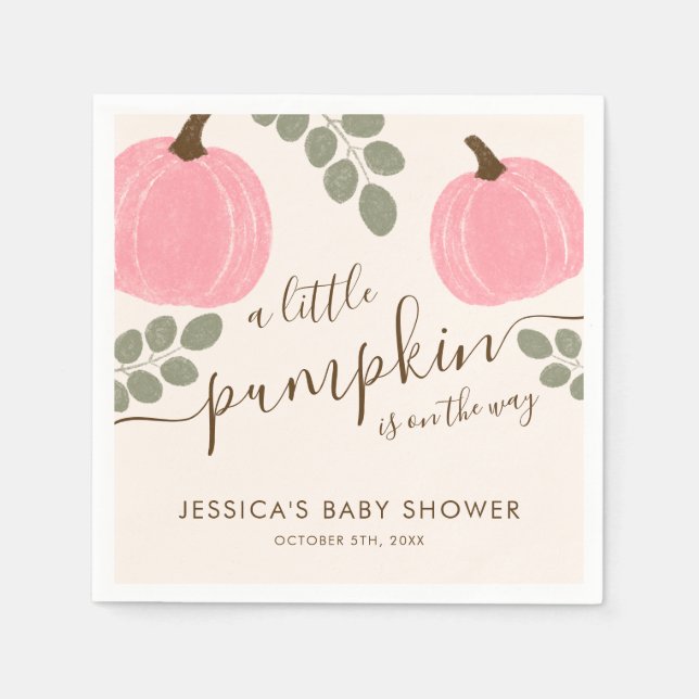 Cute Pink Pumpkin Eucalyptus Fall Girl Baby Shower Napkin (Front)