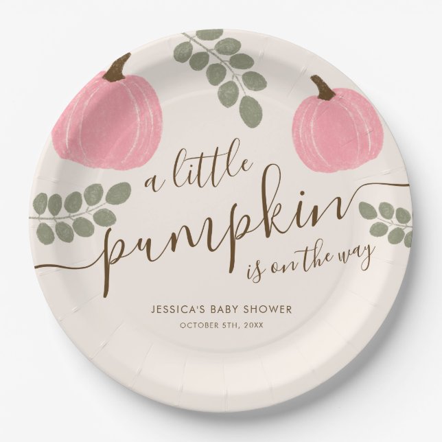 Cute Pink Pumpkin Eucalyptus Fall Girl Baby Shower Paper Plate (Front)