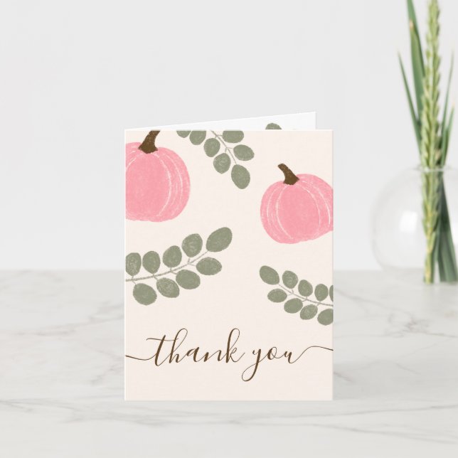 Cute Pink Pumpkin Eucalyptus Fall Girl Baby Shower Thank You Card (Front)
