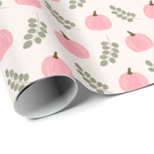 Cute Pink Pumpkin Eucalyptus Fall Pattern Wrapping Paper
