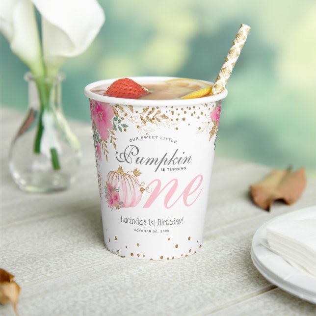 Cute Pink Pumpkin Floral 1st Birthday Paper Cups (Insitu)