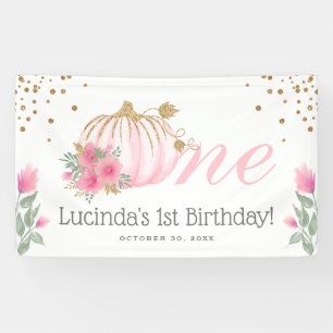 Cute Pink Pumpkin Floral & Gold 1st Birthday Party Banner