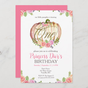 Cute Pink Pumpkin Flower Watercolor 1st Birthday  Invitation