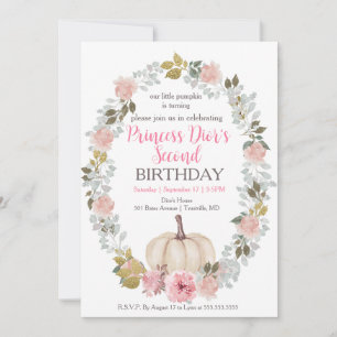 Cute Pink Pumpkin Flower Watercolor 2nd Birthday Invitation